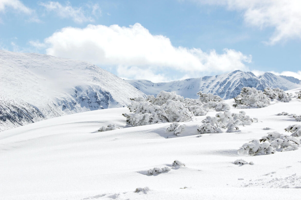 Met sneeuw bedekte bergen in Bulgarije, Mount Musala, Rila-gebergte. Skigebied Borovets